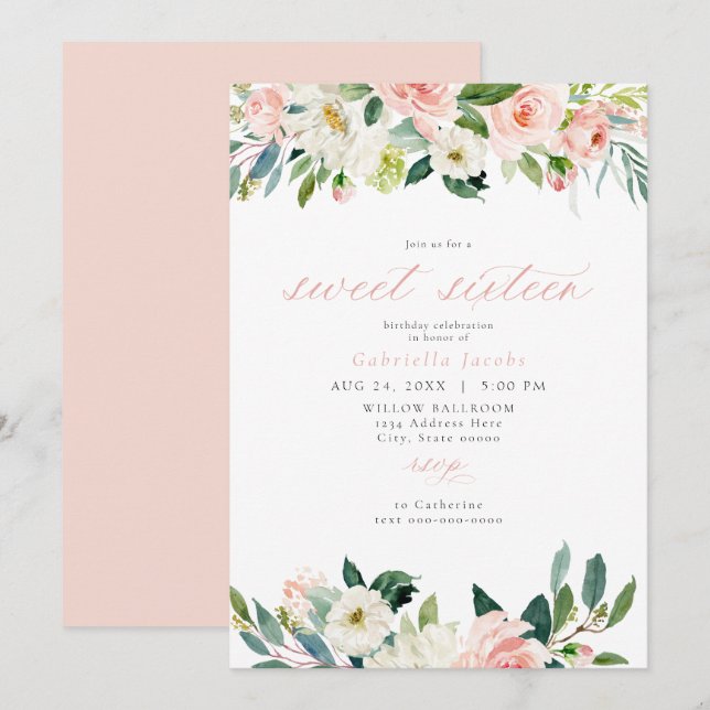 Invitation Élégant doux rose rose floral doux 16 Anniversaire (Devant / Derrière)