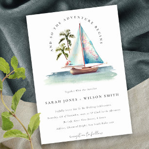 Invitation Elégant Dusky Turquoise Sailboat Palm Mariage mari