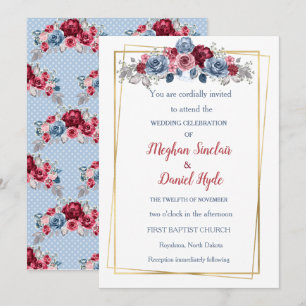 Invitation Elégant Dusty Bleu et Mariage Bourgogne
