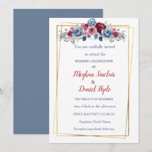 Invitation Elégant Dusty Bleu et Mariage Bourgogne