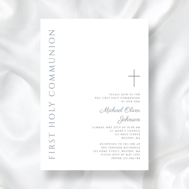 Invitation Élégant Dusty Bleu Script Première Sainte Communio (Elegant Dusty Blue Script First Holy Communion Invitation)