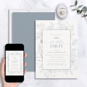 Invitation Elégant Dusty Blue 50e Anniversaire Floral Line Ar