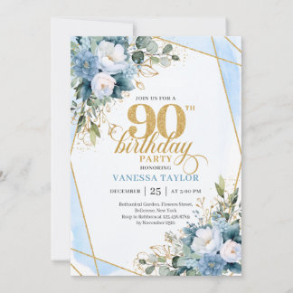 Invitation Elegant Dusty Blue 90th Birthday Floral Script 