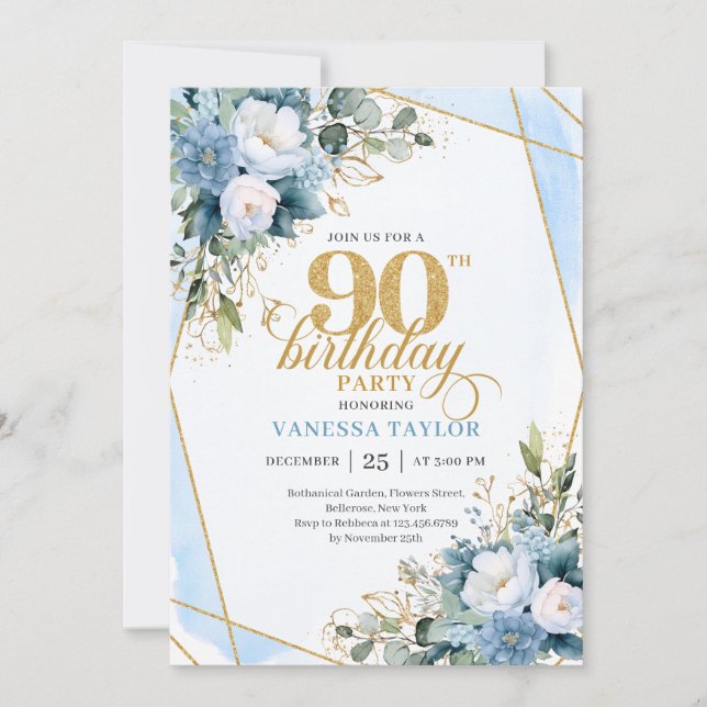 Invitation Elegant Dusty Blue 90th Birthday Floral Script  (Devant)
