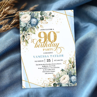 Invitation Elegant dusty blue blooms 90th birthday invite 