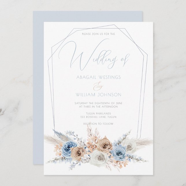Invitation Elégant Dusty Blue Boho ou mariage de plage (Devant / Derrière)