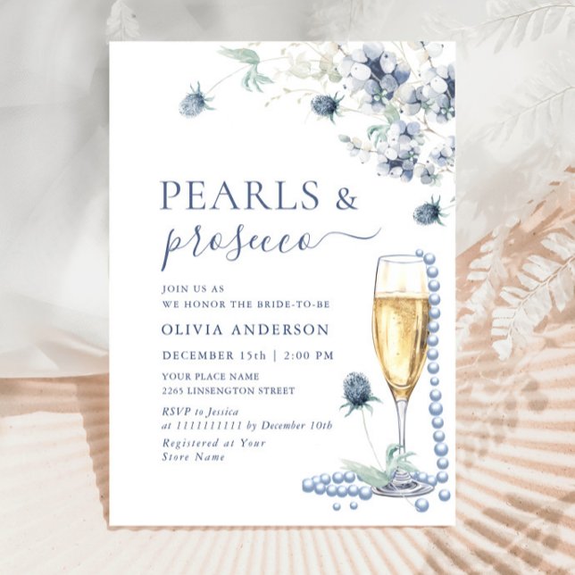 Invitation Elégant Dusty Blue Boho Winter PEARLS & Prosecco (Créateur téléchargé)