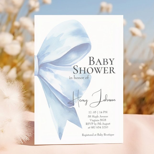 Invitation Elégant Dusty Blue Bow Aquarelle Baby shower Garço (Créateur téléchargé)