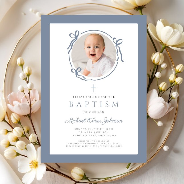 Invitation Elegant Dusty Blue Bow Photo Baptism (Elegant Dusty Blue Bow Photo Baptism Invitation)