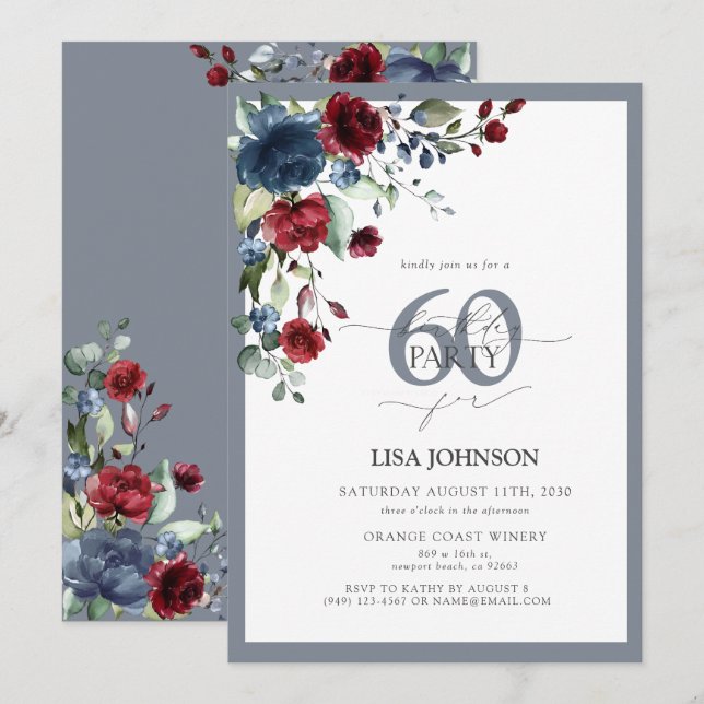 Invitation Elégant Dusty Blue & Burgundy Floral 60e anniversa (Devant / Derrière)