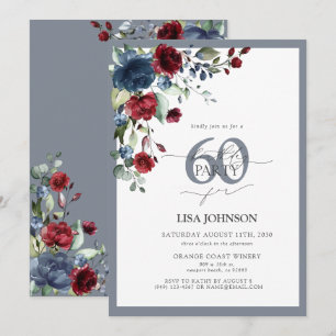 Invitation Elégant Dusty Blue & Burgundy Floral 60e anniversa