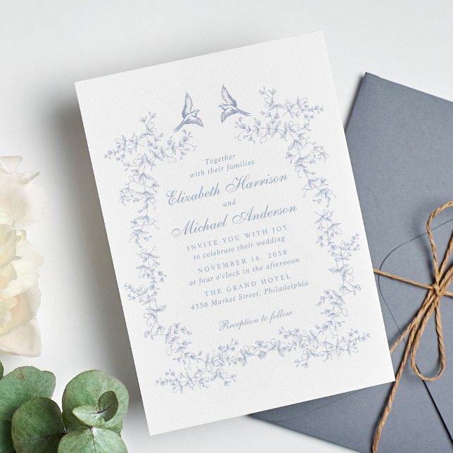 Invitation Elégant Dusty Blue Chinoiserie Mariage d'aquarelle (Créateur téléchargé)