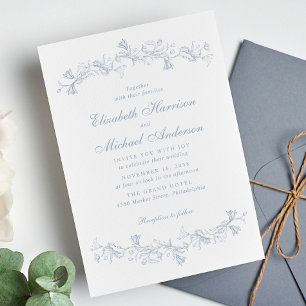 Invitation Elégant Dusty Blue Chinoiserie Mariage d'aquarelle