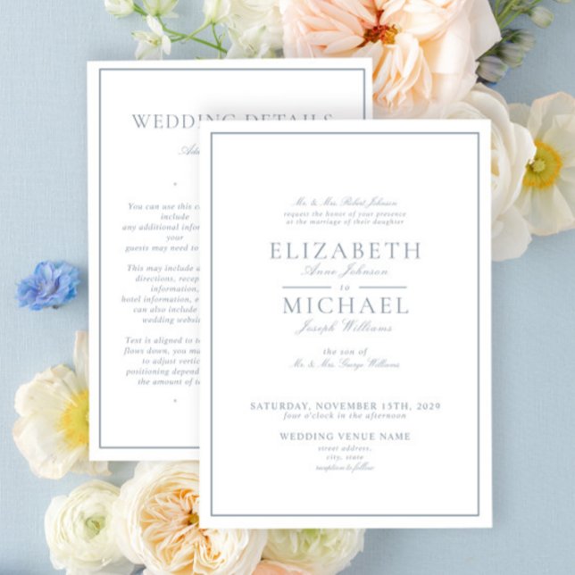 Invitation Elegant Dusty Blue Classic Script Details Wedding (Créateur téléchargé)