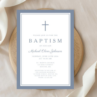 Invitation Elegant Dusty Blue Cross Baby Boy Baptism
