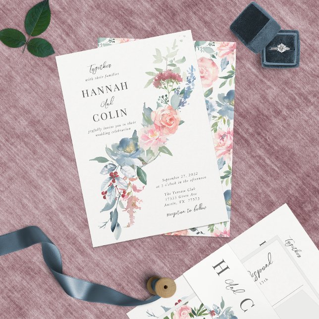 Invitation Elégant Dusty Blue et Rose Floral Swag (Créateur téléchargé)