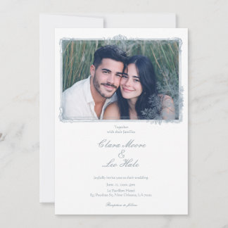 Invitation Elegant Dusty Blue Floral Border Wedding Photo