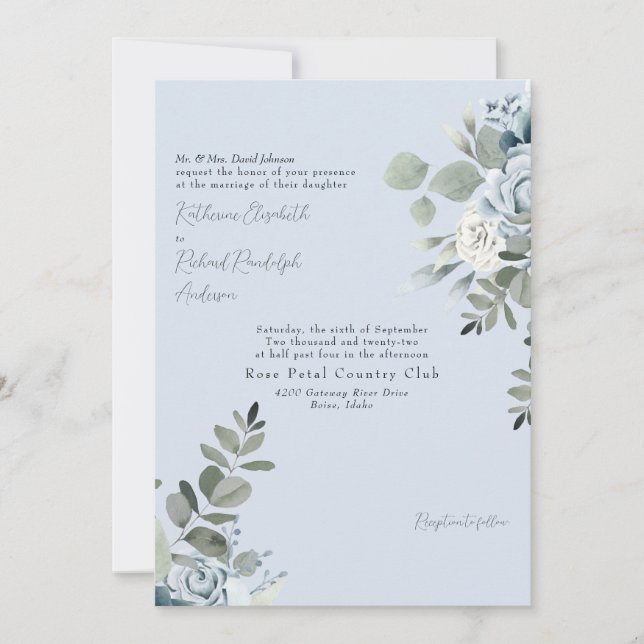 Invitation Élégant Dusty Blue Floral Bride Parents (Devant)