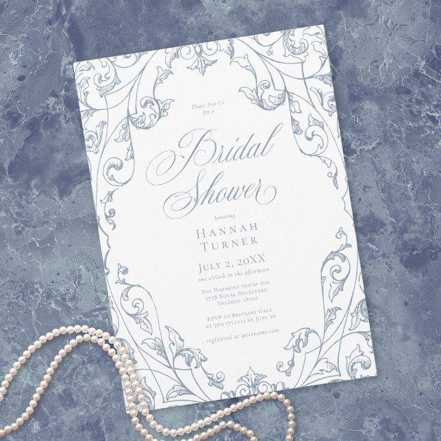 Invitation Elegant Dusty Blue Floral Frame Bridal Shower (Elegant Dusty Blue Floral Frame Bridal Shower Invitation)