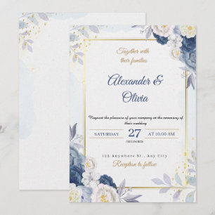Invitation Elegant Dusty Blue Floral Gold Frame Wedding 