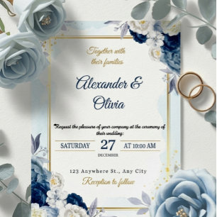 Invitation Elegant Dusty Blue Floral Gold Frame Wedding 