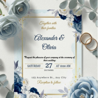 Invitation Elegant Dusty Blue Floral Gold Frame Wedding