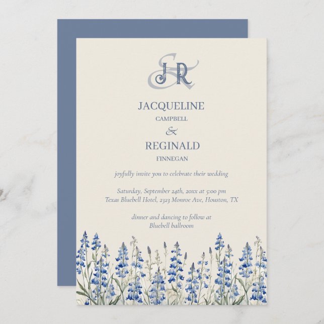 Invitation Élégant Dusty Blue Floral Mariage (Devant / Derrière)