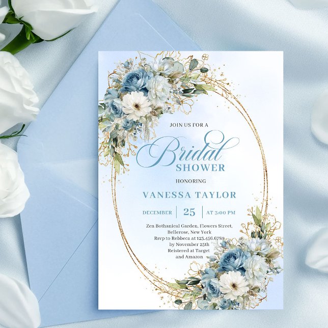 Invitation Elegant Dusty Blue Floral Script Bridal Shower   (Elegant Dusty Blue Floral Script Bridal Shower Invitation)