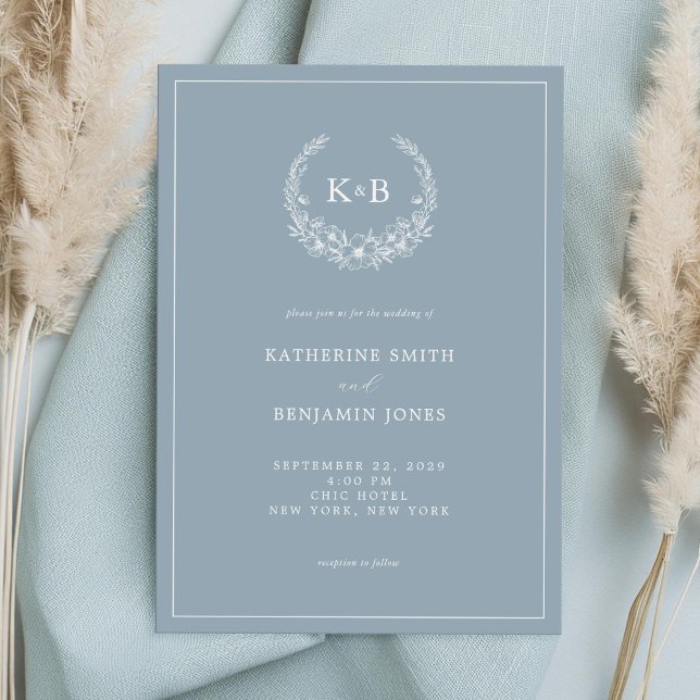 Invitation Élégant Dusty Blue Floral Wreath Mariage (Créateur téléchargé)