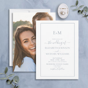 Invitation Élégant Dusty Blue Formal Monogram Mariage Photo