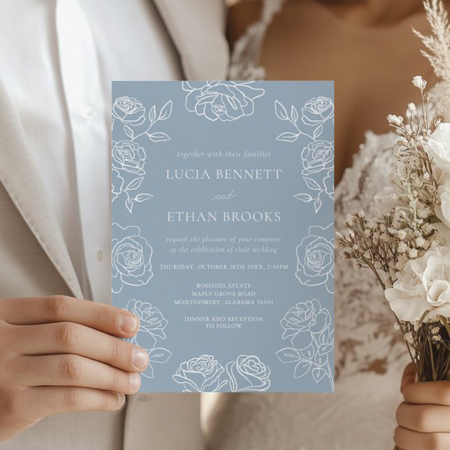 Invitation Elegant Dusty Blue French Roses Wedding (Créateur téléchargé)