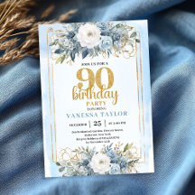 Elegant Dusty Blue Gold 90th Birthday Party Invite