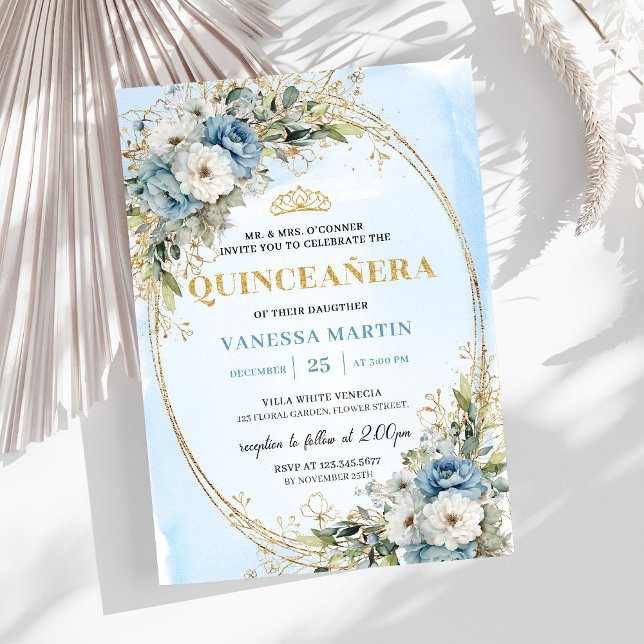 Invitation Elegant Dusty Blue Gold Greenery Quinceañera  (Elegant Dusty Blue Gold Greenery Quinceañera Invite)