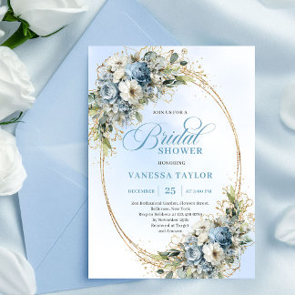 Invitation Elegant Dusty Blue Greenery Gold Bridal Shower 