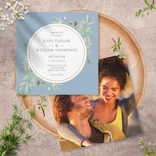 Invitation Elégant Dusty Blue Greenery Photo Carré Mariage (Créateur téléchargé)