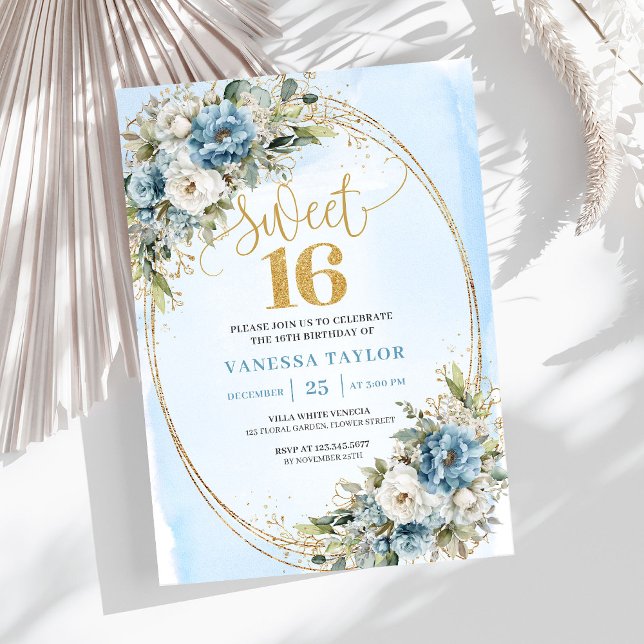 Invitation Elegant Dusty Blue Greenery Sweet 16th Birthday  (Elegant Dusty Blue Greenery Sweet 16th Birthday Invite)