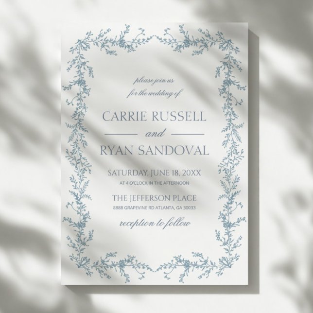 Invitation Elegant Dusty Blue Hand Drawn Floral Frame Wedding (Créateur téléchargé)
