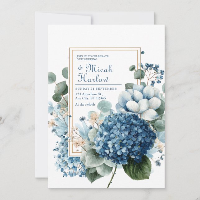 Invitation Elegant Dusty Blue Hydrangea Eucalyptus Gold Frame (Devant)