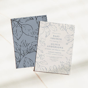 Invitation Elégant Dusty Blue Line Baby shower botanique