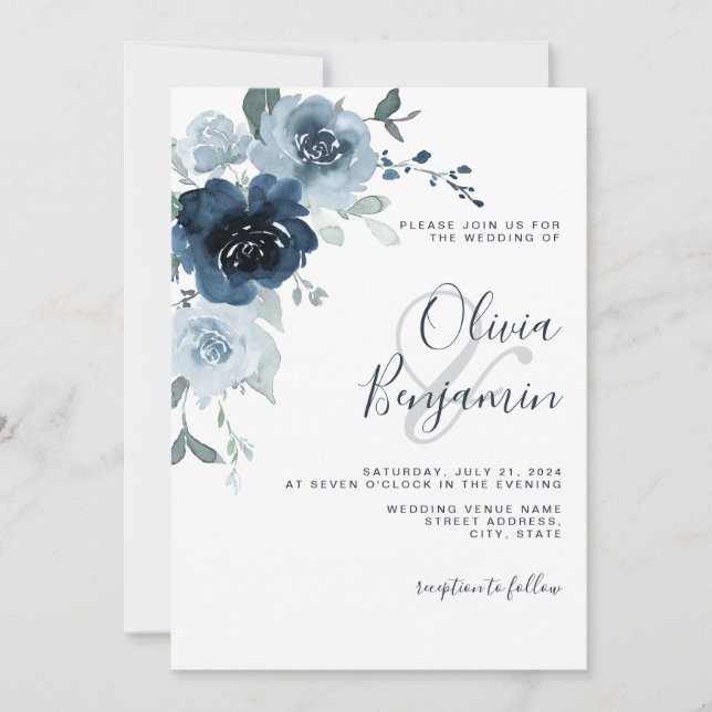 Invitation Elégant Dusty Blue Navy Pastel Boho Floral Mariage (Devant)