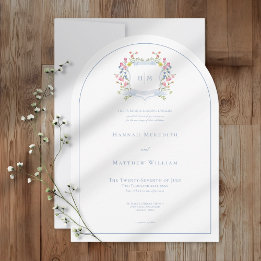 Invitation Elegant Dusty Blue Pastel Wildflower Crest Wedding