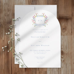 Invitation Elegant Dusty Blue Pastel Wildflower Crest Wedding