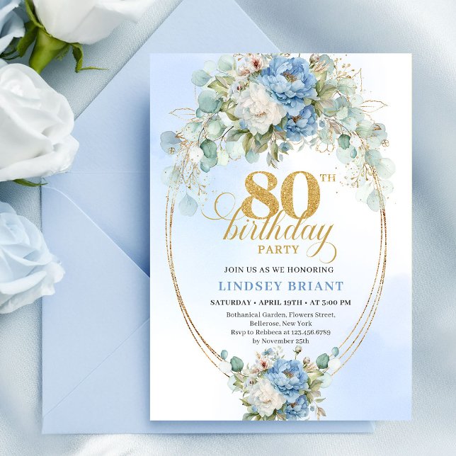 Invitation Elegant Dusty Blue Peonies Gold Boho 80th Birthday (Elegant Dusty Blue Peonies Gold Boho 80th Birthday Invitation)