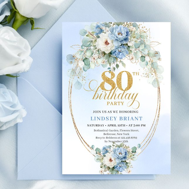 Invitation Elegant Dusty Blue Peonies Gold Boho 80th Birthday (Elegant Dusty Blue Peonies Boho 80th Birthday Invite)