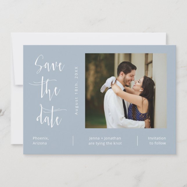 Invitation Elégant Dusty Blue QR Code Photo Enregistrer la da (Devant)