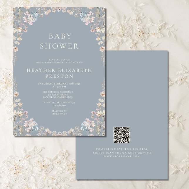 Invitation Elegant Dusty Blue QR Code Wildflower Baby Shower  (Créateur téléchargé)
