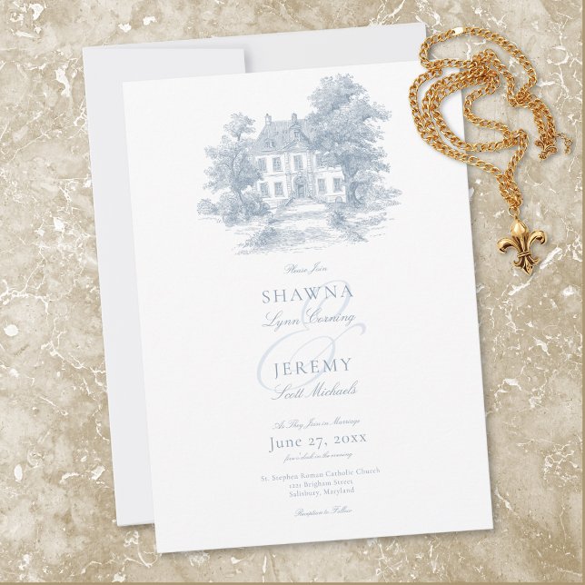Invitation Elegant Dusty Blue Toile French Manor Wedding (Elegant Dusty Blue Toile French Manor Wedding Invitation)