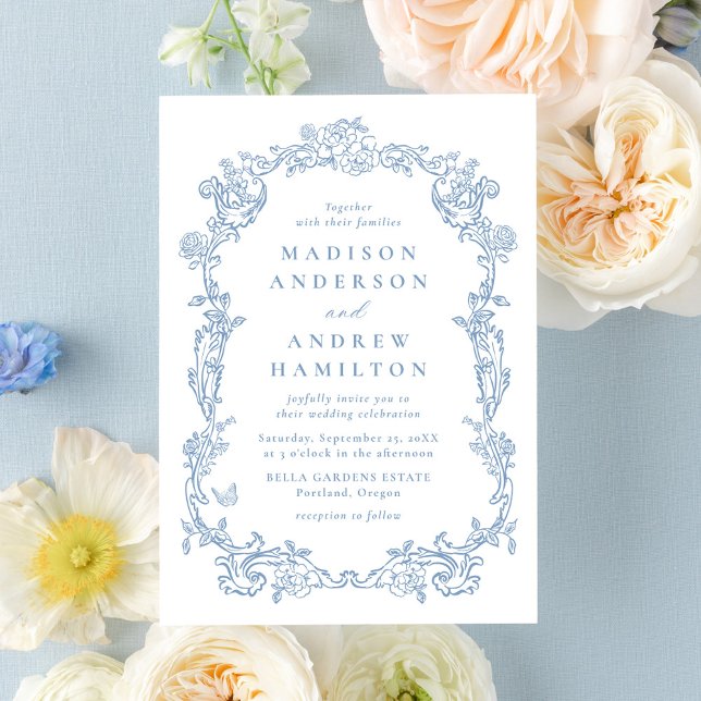 Invitation Elegant Dusty Blue Victorian Floral Frame Wedding (Créateur téléchargé)