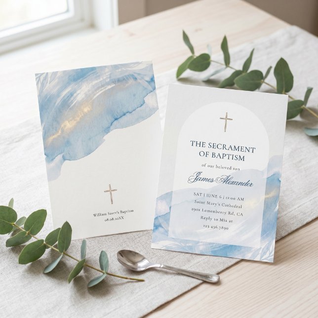 Invitation Elegant Dusty Blue Watercolor Arch Minimal Baptism (Elegant Blue Watercolor Baptism Invitation Template for Boys)