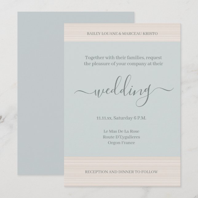 Invitation Elégant Dusty Blue WoodGrains Stripes Mariage chic (Devant / Derrière)